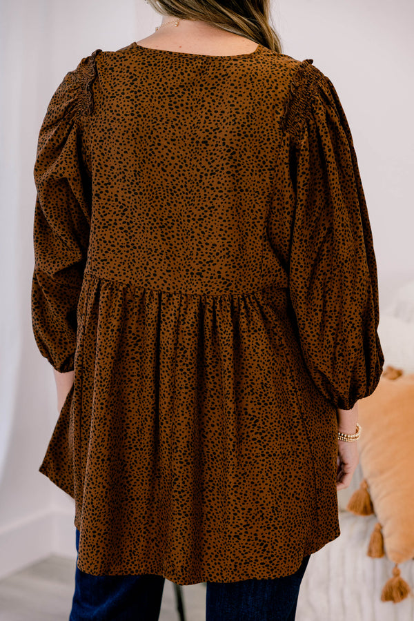 Chic Soul plus size clothing, brown long sleeve flowy top with a slight v-neckline and a small black polka dot pattern 