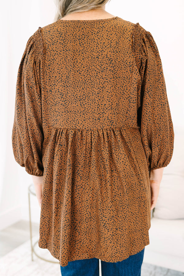 Chic Soul plus size clothing, brown long sleeve flowy top with a slight v-neckline and a small black polka dot pattern 
