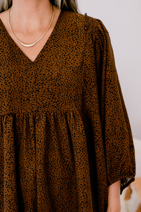 Chic Soul plus size clothing, brown long sleeve flowy top with a slight v-neckline and a small black polka dot pattern 