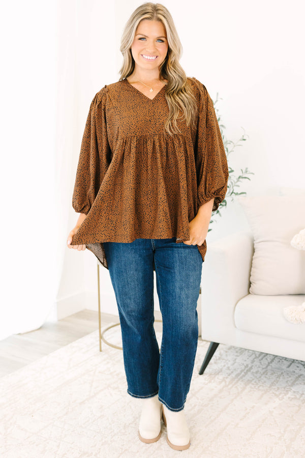 Chic Soul plus size clothing, brown long sleeve flowy top with a slight v-neckline and a small black polka dot pattern 