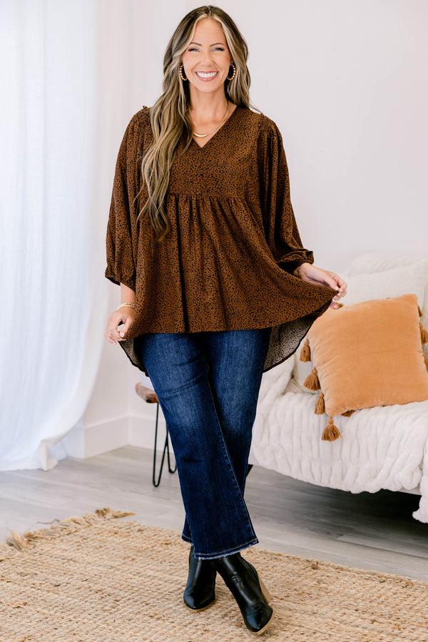 Chic Soul plus size clothing, brown long sleeve flowy top with a slight v-neckline and a small black polka dot pattern 