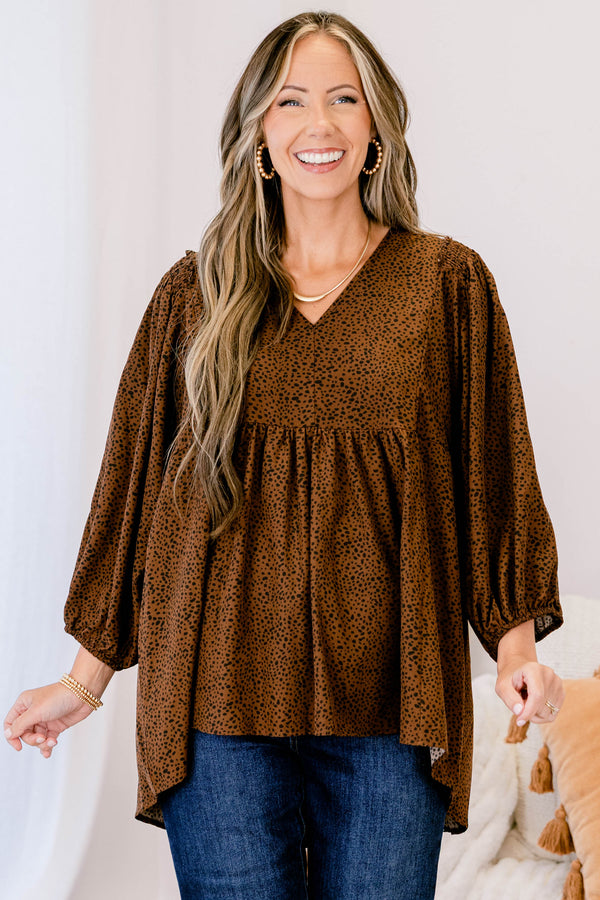 Chic Soul plus size clothing, brown long sleeve flowy top with a slight v-neckline and a small black polka dot pattern 