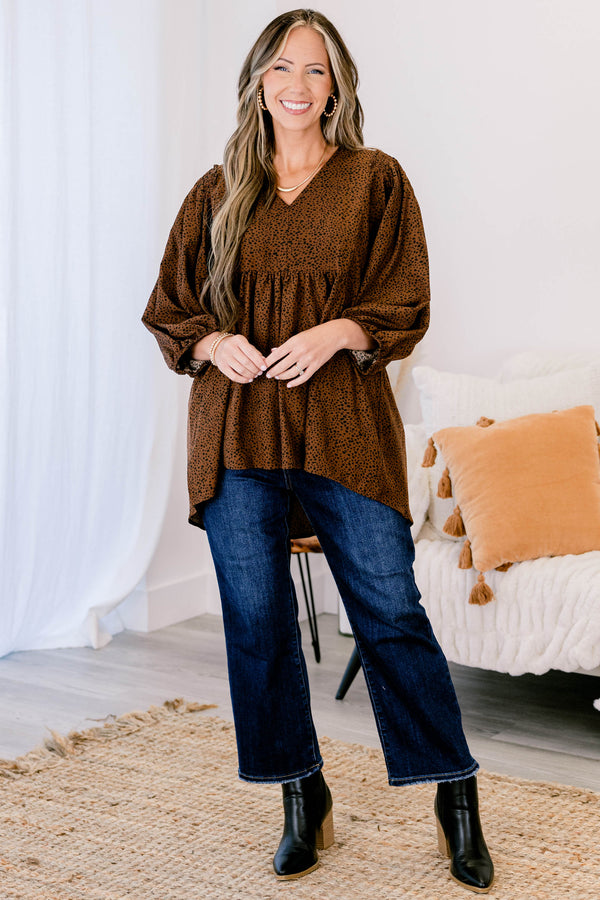 Chic Soul plus size clothing, brown long sleeve flowy top with a slight v-neckline and a small black polka dot pattern 