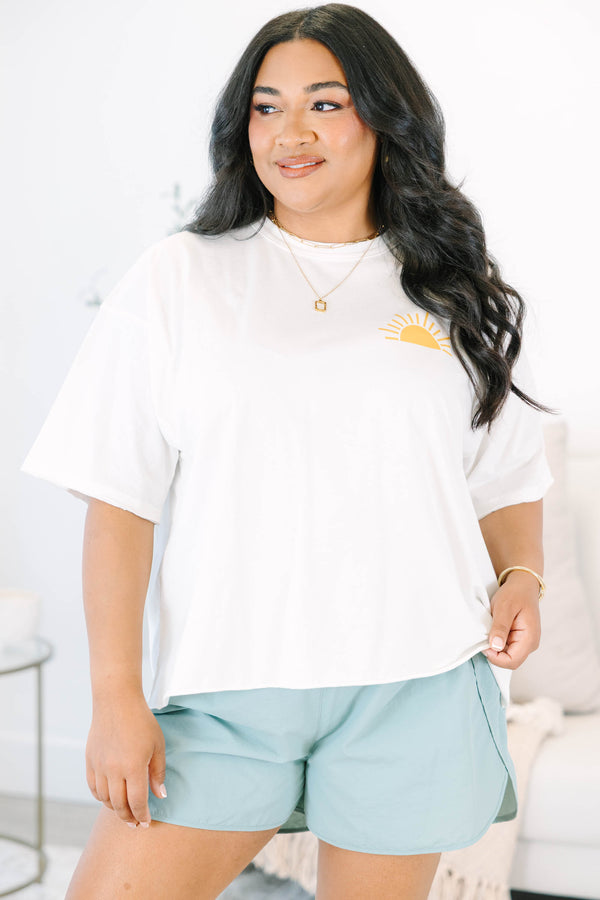 Plus Size white vintage wash oversized tee with a yellow sun graphic and crew neckline.