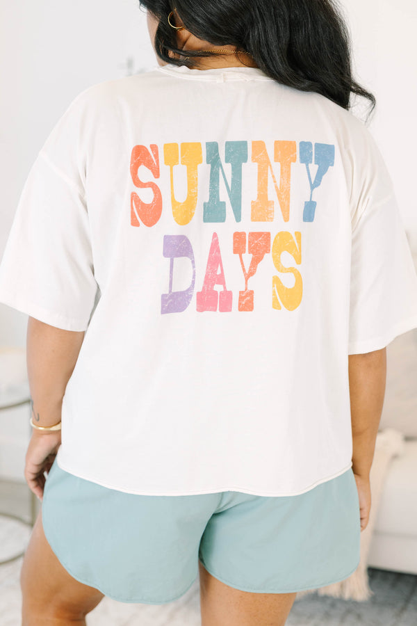 Plus Size white vintage wash oversized tee with a yellow sun graphic and crew neckline.