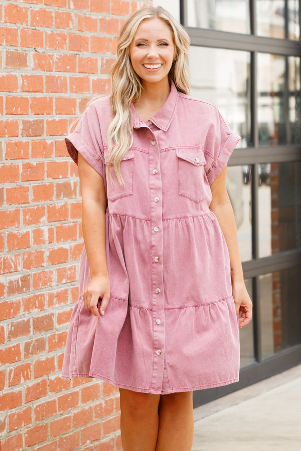 Chic Soul plus size clothing, cabernet button down collared tiered dress with front pockets