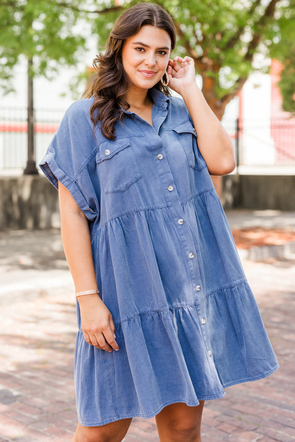 Chic Soul plus size clothing, navy short sleeve button up mini dress with tiered detail with collar detail and chest pockets