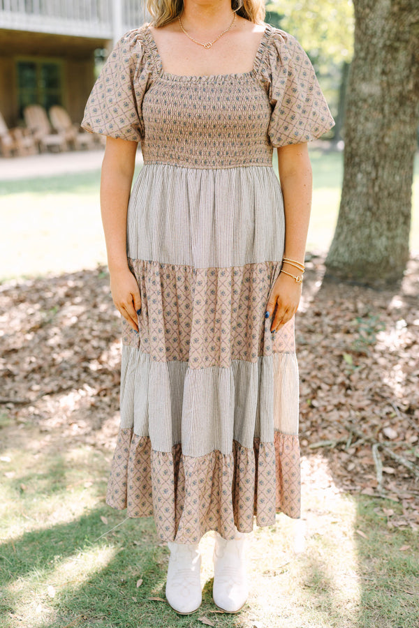 Plus Size cream tiered maxi dress with smocked bodice, puff sleeves, and mixed floral-stripe prints.