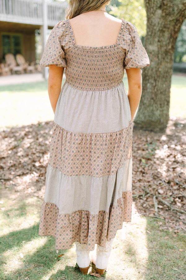 Plus Size cream tiered maxi dress with smocked bodice, puff sleeves, and mixed floral-stripe prints.