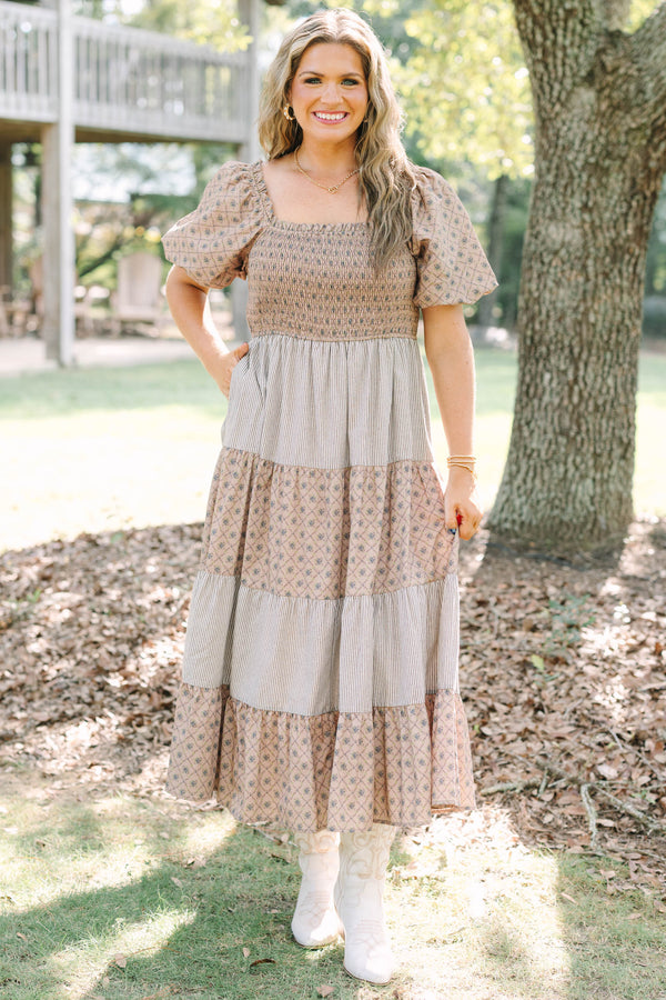 Plus Size cream tiered maxi dress with smocked bodice, puff sleeves, and mixed floral-stripe prints.