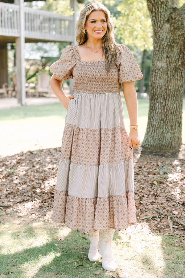Plus Size cream tiered maxi dress with smocked bodice, puff sleeves, and mixed floral-stripe prints.