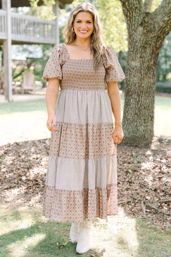 Plus Size cream tiered maxi dress with smocked bodice, puff sleeves, and mixed floral-stripe prints.