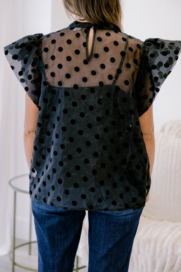 Chic Soul plus size clothing, black top with a sheer polka dot overlay that has flutter sleeves 