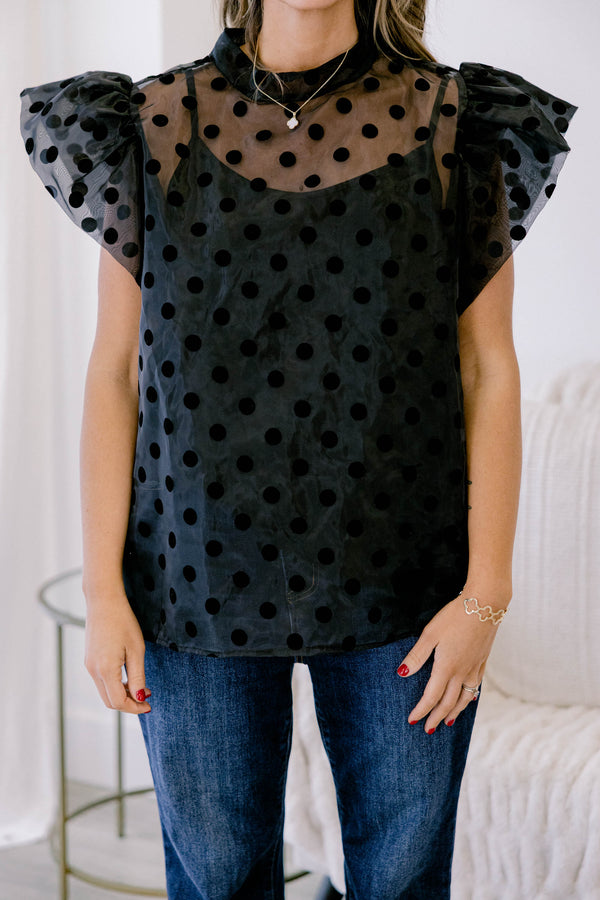 Chic Soul plus size clothing, black top with a sheer polka dot overlay that has flutter sleeves 