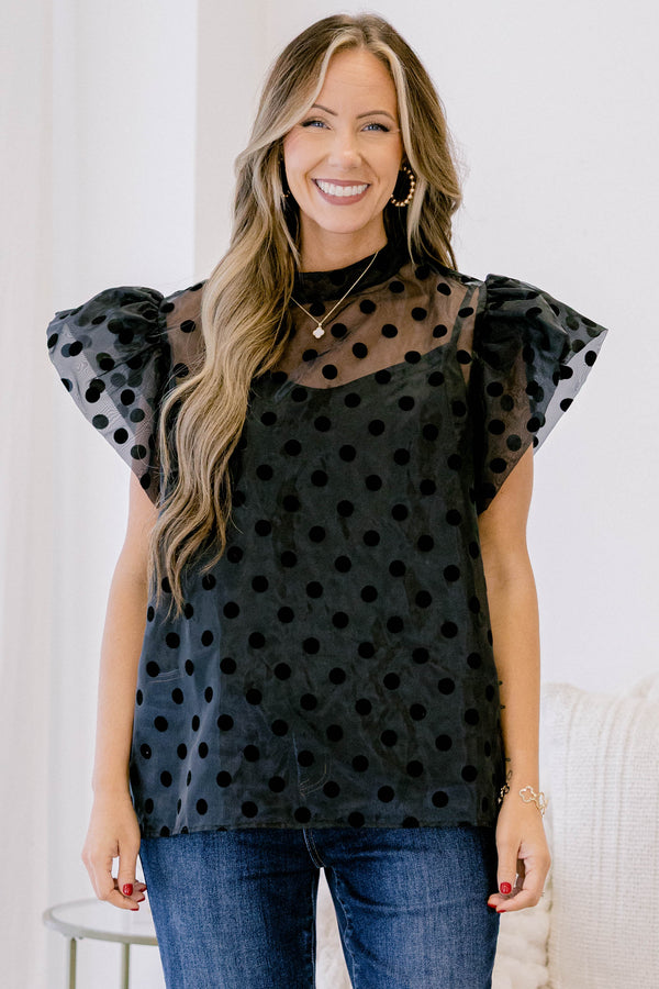 Chic Soul plus size clothing, black top with a sheer polka dot overlay that has flutter sleeves 