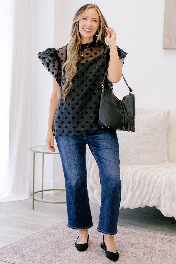 Chic Soul plus size clothing, black top with a sheer polka dot overlay that has flutter sleeves 