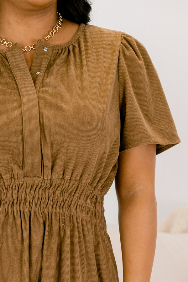 Chic Soul plus size clothing, camel brown short sleeve midi dress with cinched waistline and v-neckline