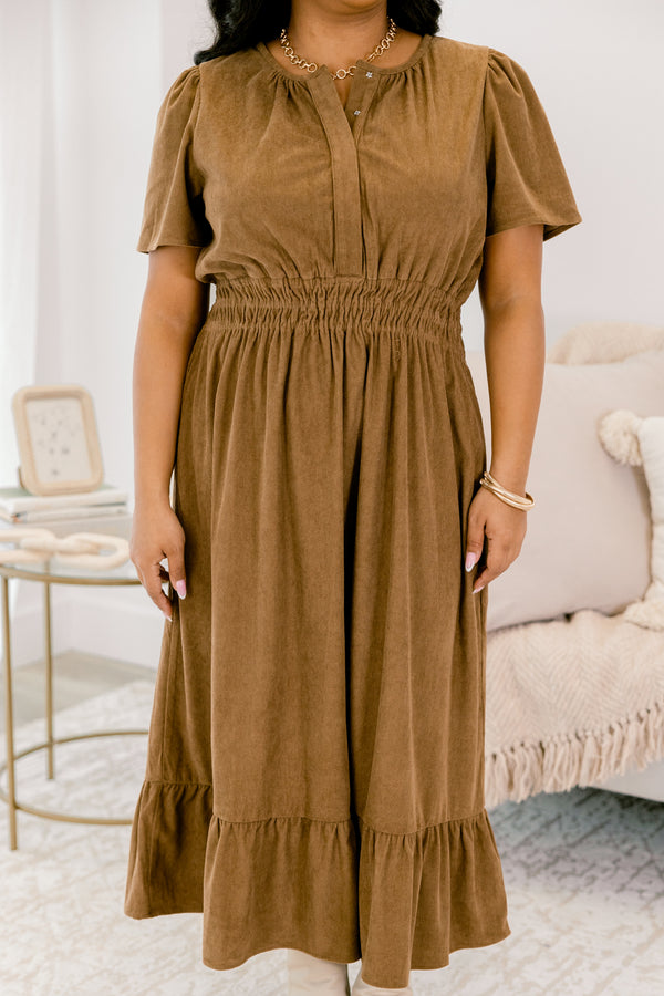 Chic Soul plus size clothing, camel brown short sleeve midi dress with cinched waistline and v-neckline