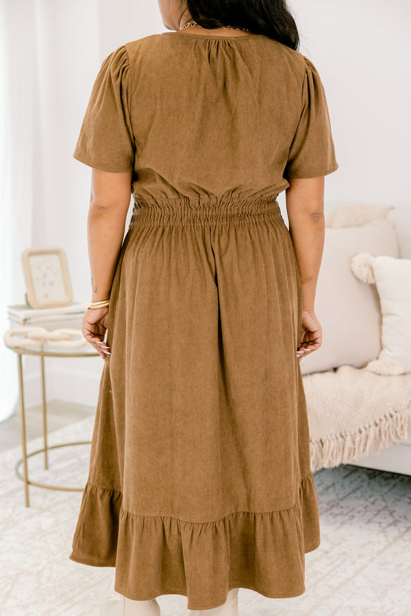 Chic Soul plus size clothing, camel brown short sleeve midi dress with cinched waistline and v-neckline