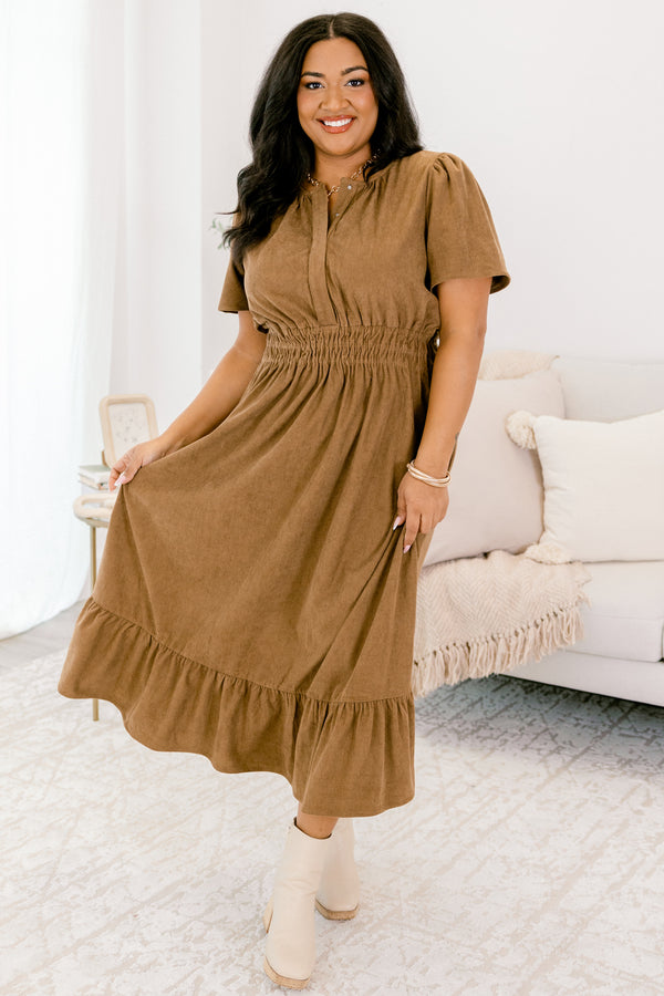 Chic Soul plus size clothing, camel brown short sleeve midi dress with cinched waistline and v-neckline
