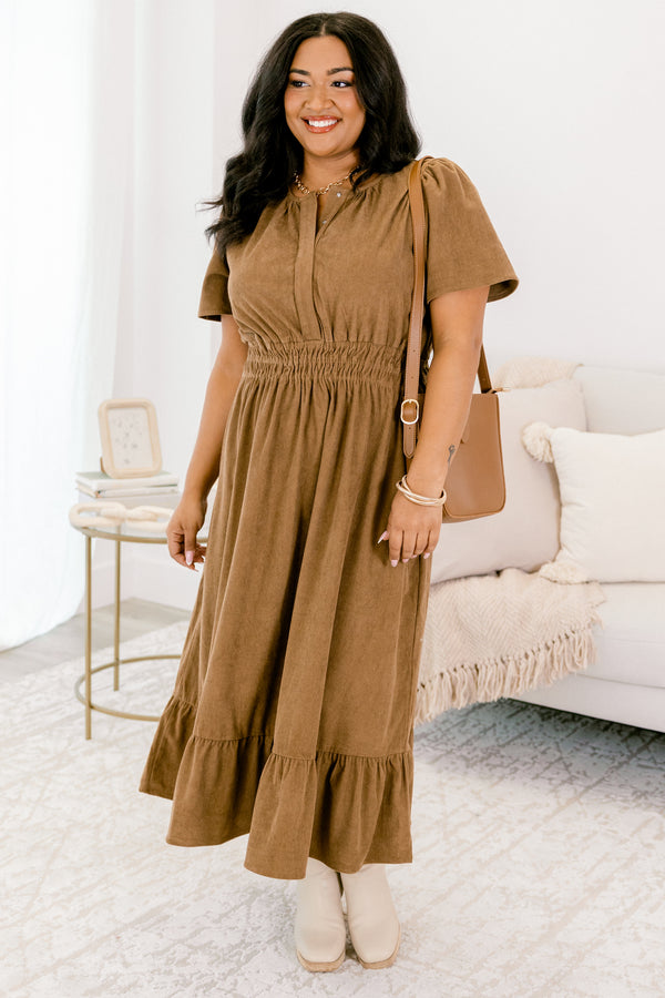 Chic Soul plus size clothing, camel brown short sleeve midi dress with cinched waistline and v-neckline