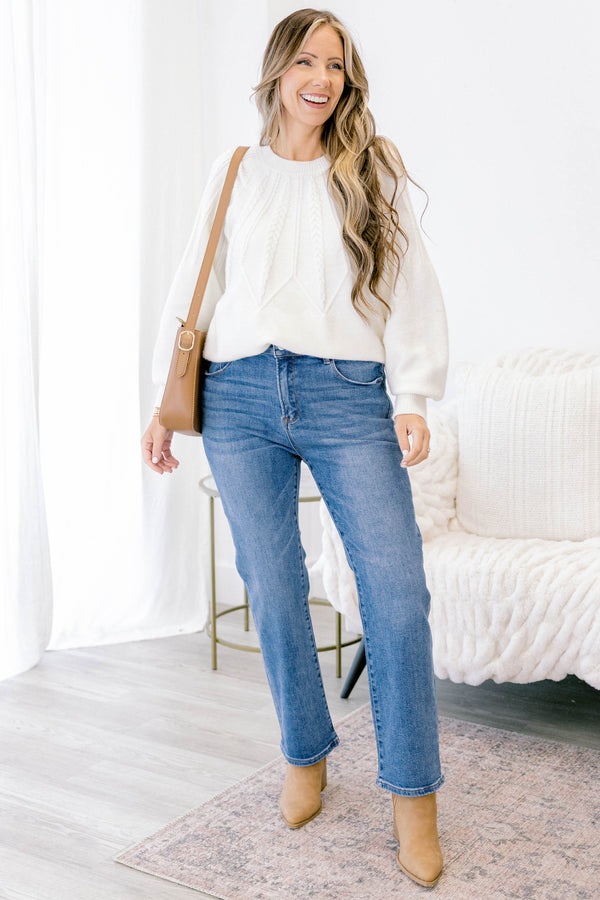 Chic Soul plus size clothing, medium wash straight leg jeans with a finished hem