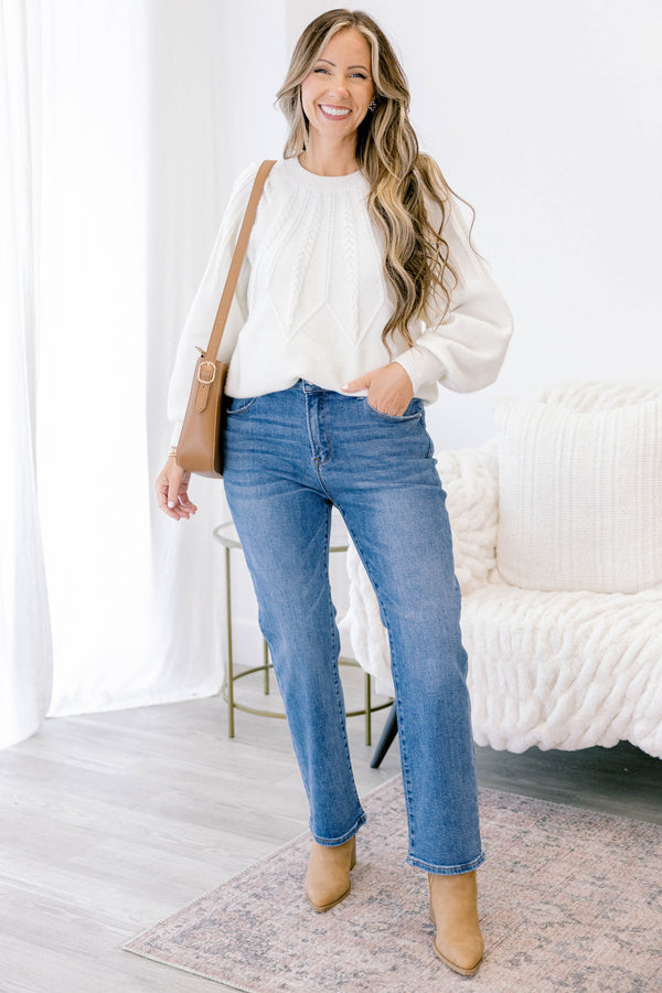 Chic Soul plus size clothing, medium wash straight leg jeans with a finished hem