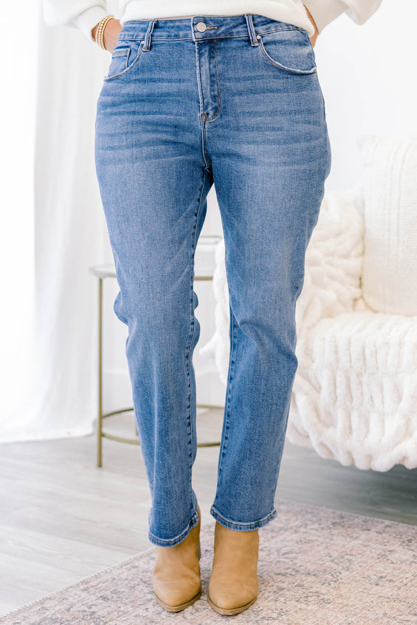 Chic Soul plus size clothing, medium wash straight leg jeans with a finished hem