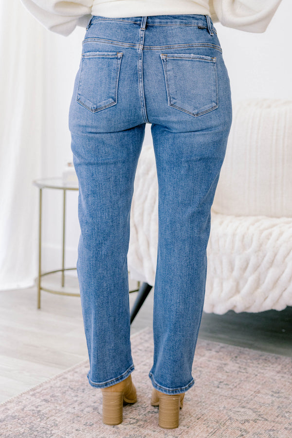 Chic Soul plus size clothing, medium wash straight leg jeans with a finished hem