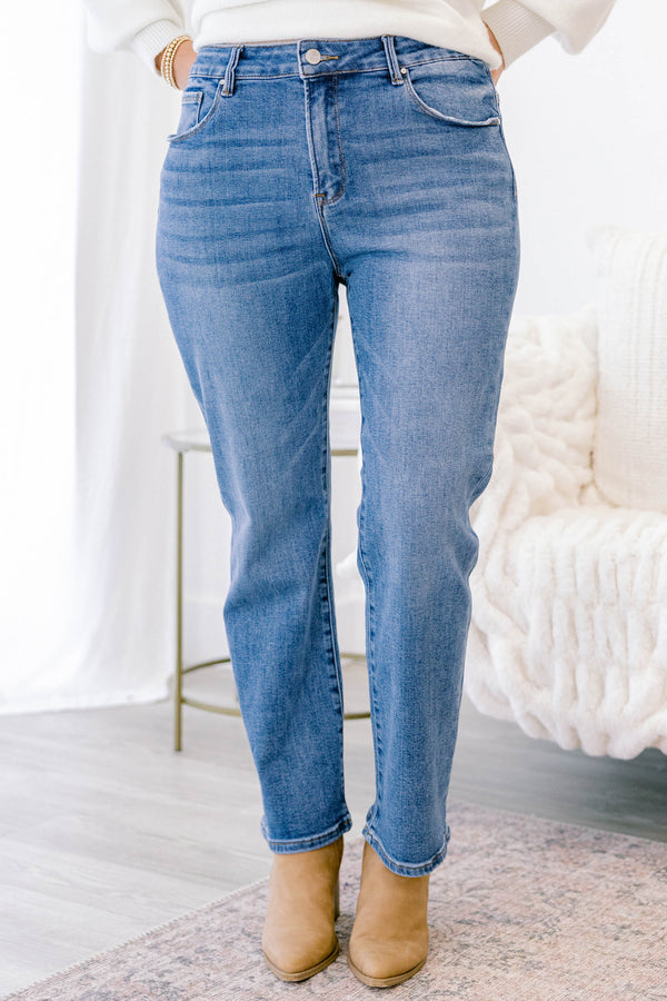 Chic Soul plus size clothing, medium wash straight leg jeans with a finished hem