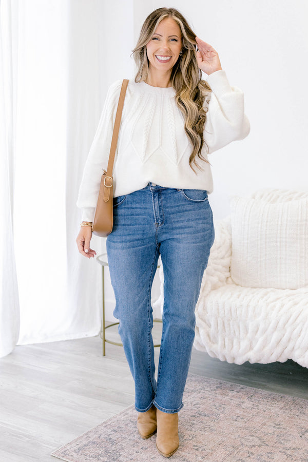 Chic Soul plus size clothing, medium wash straight leg jeans with a finished hem