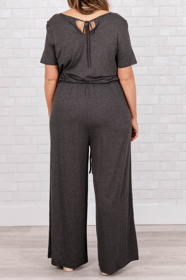 Chic Soul plus size clothing, charcoal short sleeves jumpsuit with tie at waist and pockets