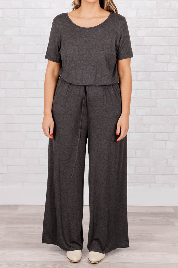 Chic Soul plus size clothing, charcoal short sleeves jumpsuit with tie at waist and pockets