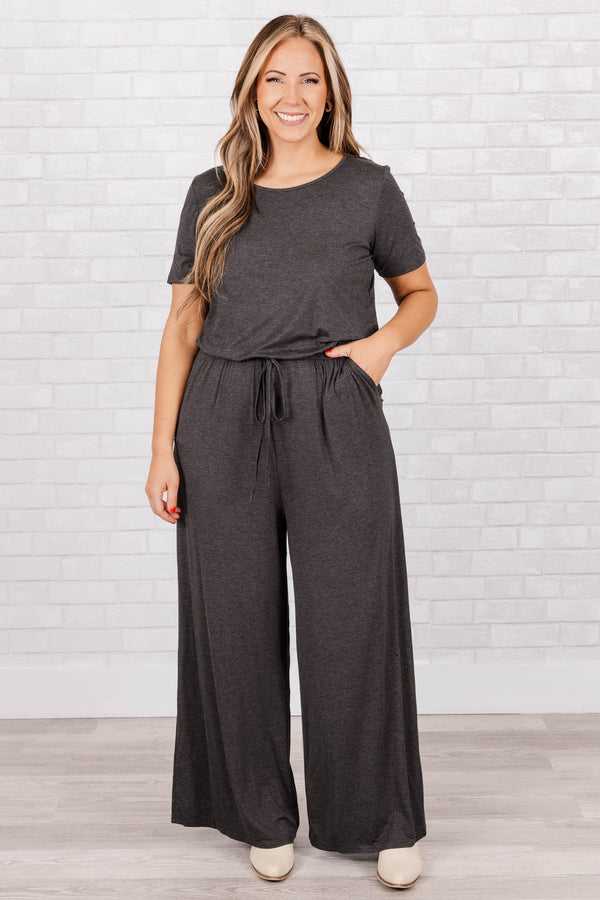 Chic Soul plus size clothing, charcoal short sleeves jumpsuit with tie at waist and pockets