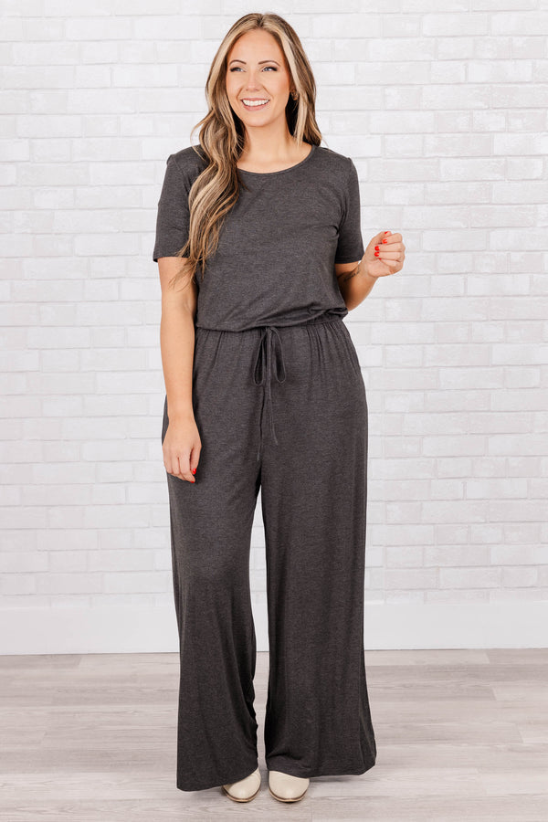 Chic Soul plus size clothing, charcoal short sleeves jumpsuit with tie at waist and pockets