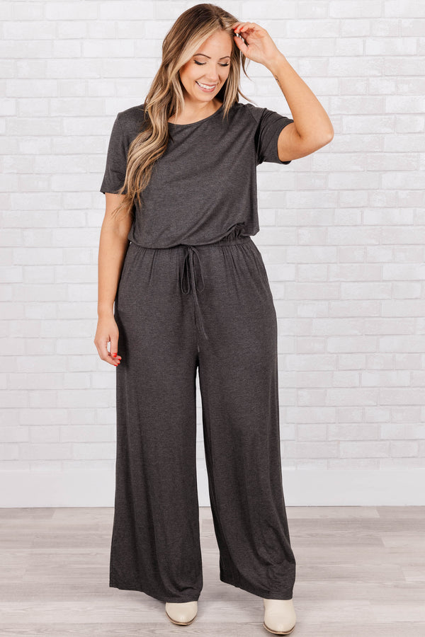 Chic Soul plus size clothing, charcoal short sleeves jumpsuit with tie at waist and pockets