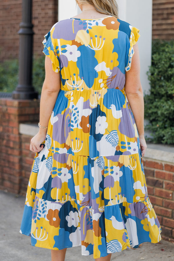 Chic Soul plus size clothing, mustard short sleeve midi dress with tiered detail with large floral print with v neckline with tie detail with ruffle along sleeves