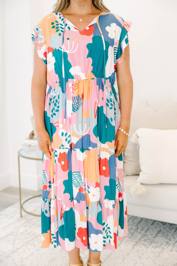 Chic Soul plus size clothing, pink multicolor short sleeve large print floral midi dress with v neckline with tie detail and ruffle sleeves with sinched waist