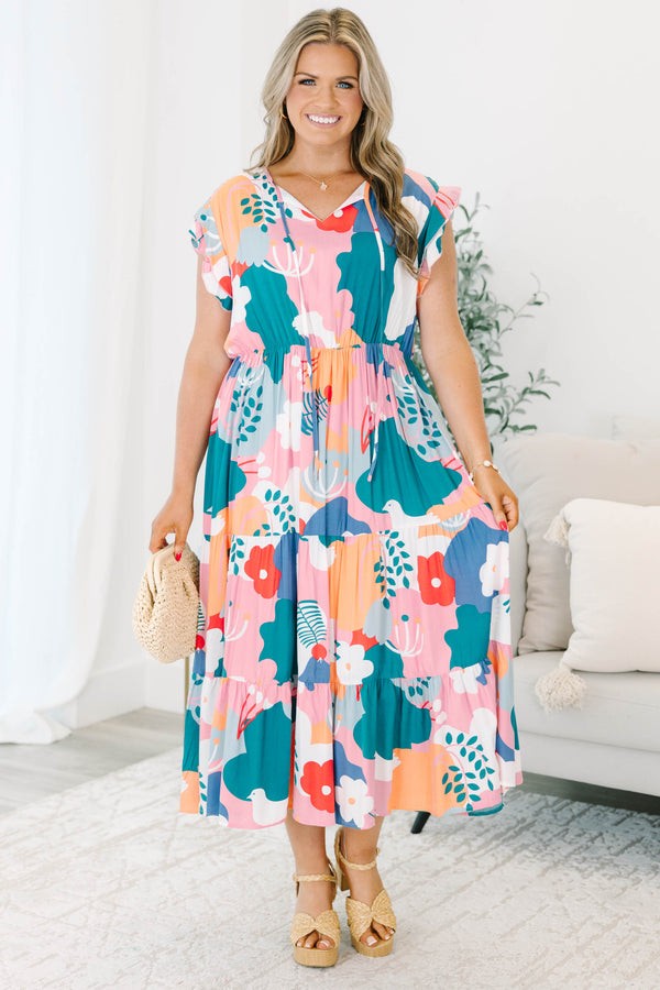 Chic Soul plus size clothing, pink multicolor short sleeve large print floral midi dress with v neckline with tie detail and ruffle sleeves with sinched waist