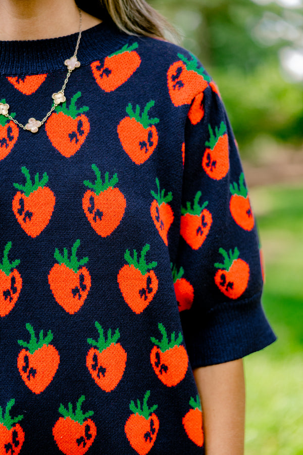 Chic Soul plus size clothing, navy short sleeve sweater with a red strawberry pattern 