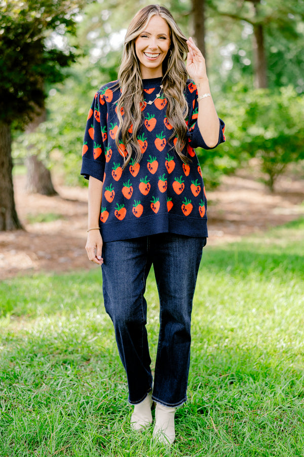 Chic Soul plus size clothing, navy short sleeve sweater with a red strawberry pattern 