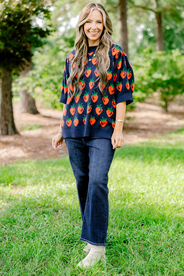 Chic Soul plus size clothing, navy short sleeve sweater with a red strawberry pattern 