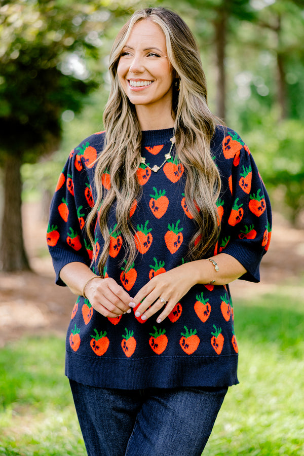 Chic Soul plus size clothing, navy short sleeve sweater with a red strawberry pattern 