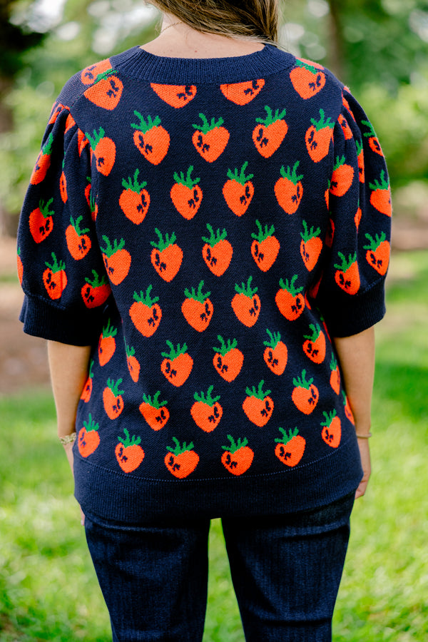Chic Soul plus size clothing, navy short sleeve sweater with a red strawberry pattern 