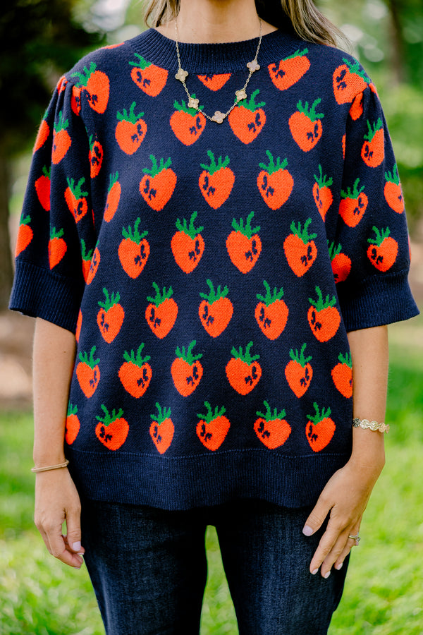 Chic Soul plus size clothing, navy short sleeve sweater with a red strawberry pattern 