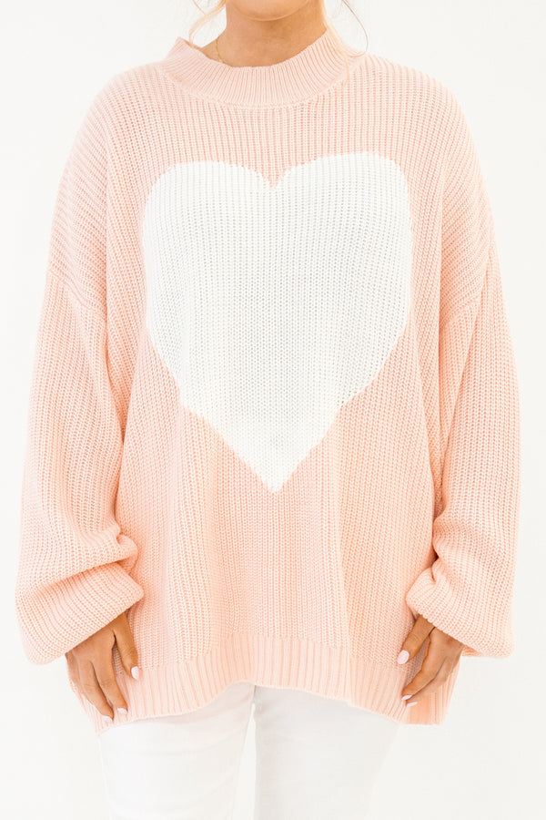 Chic Soul plus size clothing, pink long sleeve sweater with large white heart in the middle
