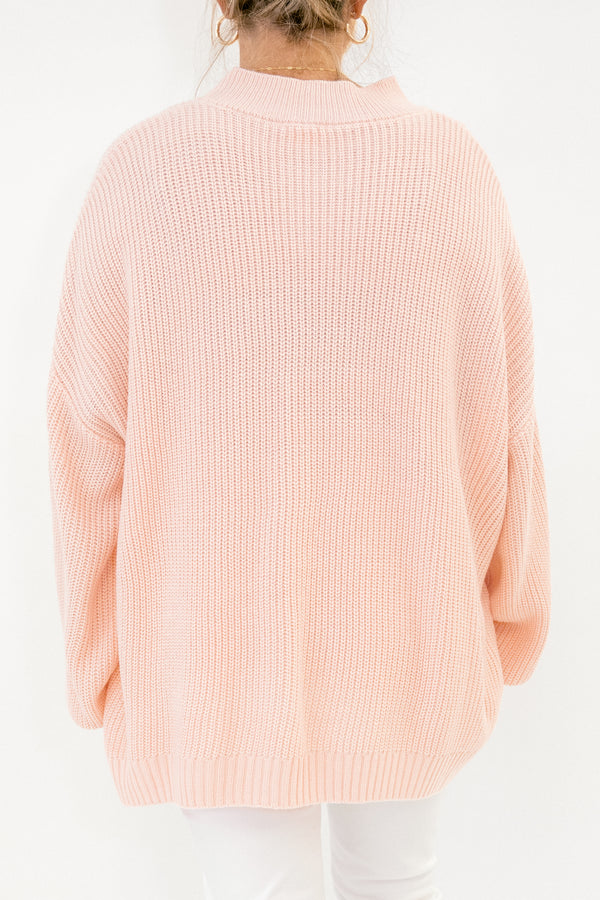 Chic Soul plus size clothing, pink long sleeve sweater with large white heart in the middle