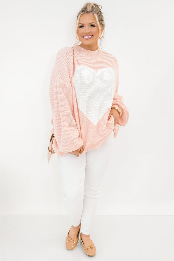 Chic Soul plus size clothing, pink long sleeve sweater with large white heart in the middle