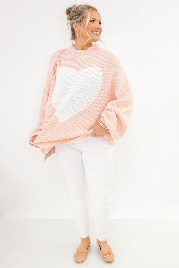 Chic Soul plus size clothing, pink long sleeve sweater with large white heart in the middle