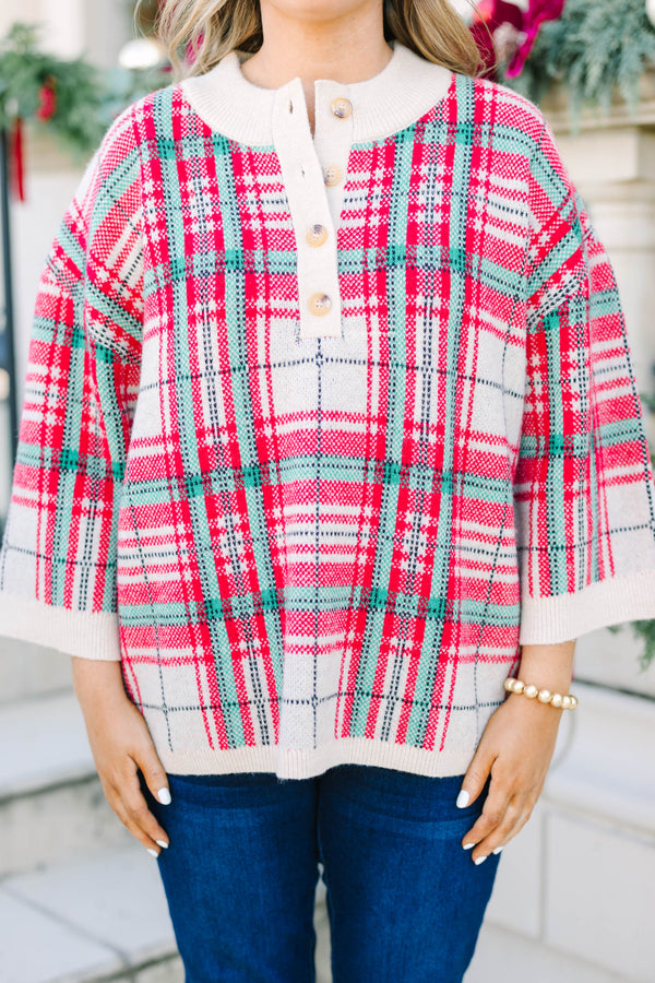 Plus Size taupe plaid sweater with a button-up henley neckline and wide three-quarter sleeves.